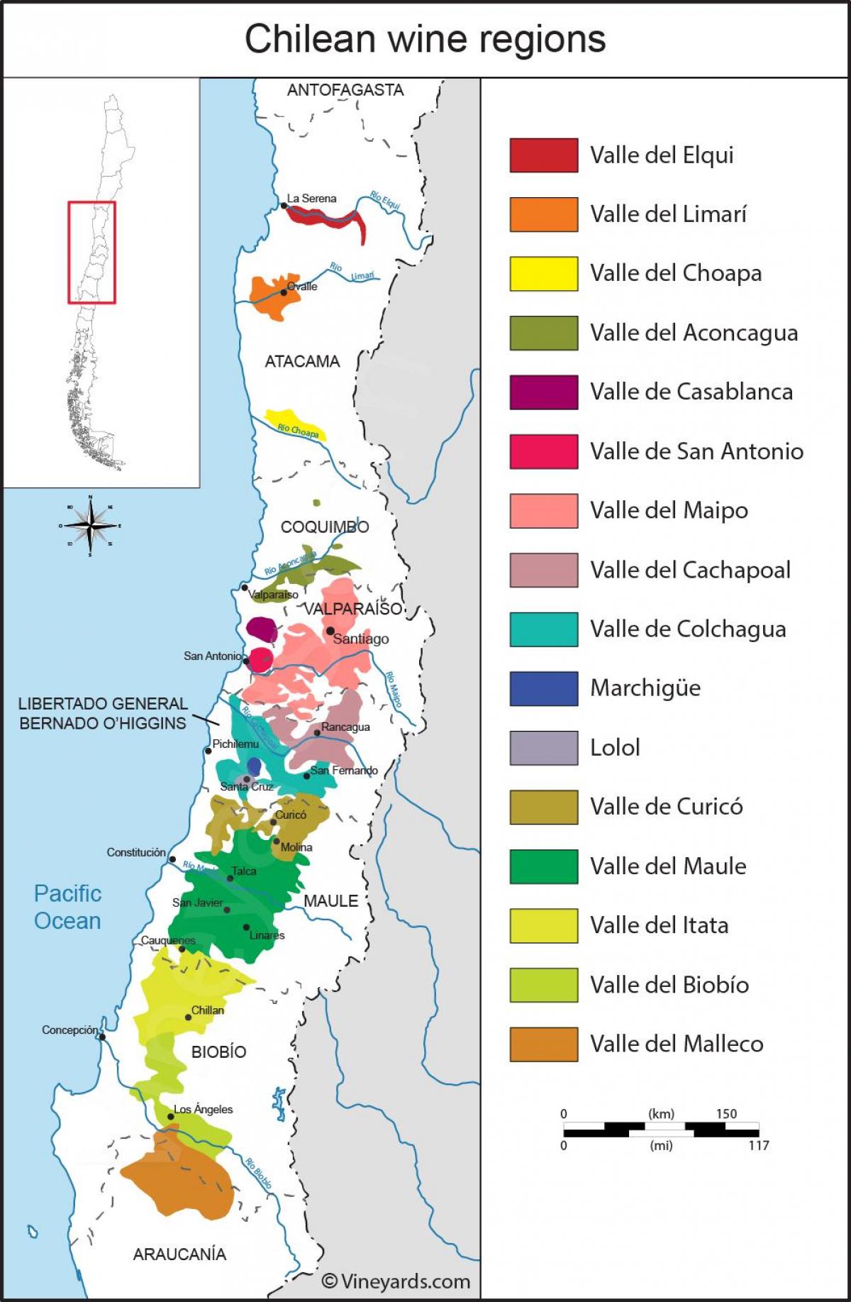 Карта винодельческих регионов Чили 
